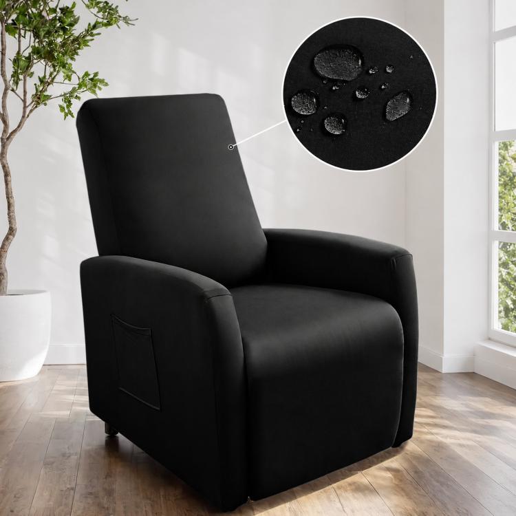 Water-resistant recliner chair cover, black fabric with stitched pocket on arm