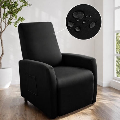 Water-resistant recliner chair cover, black fabric with stitched pocket on arm