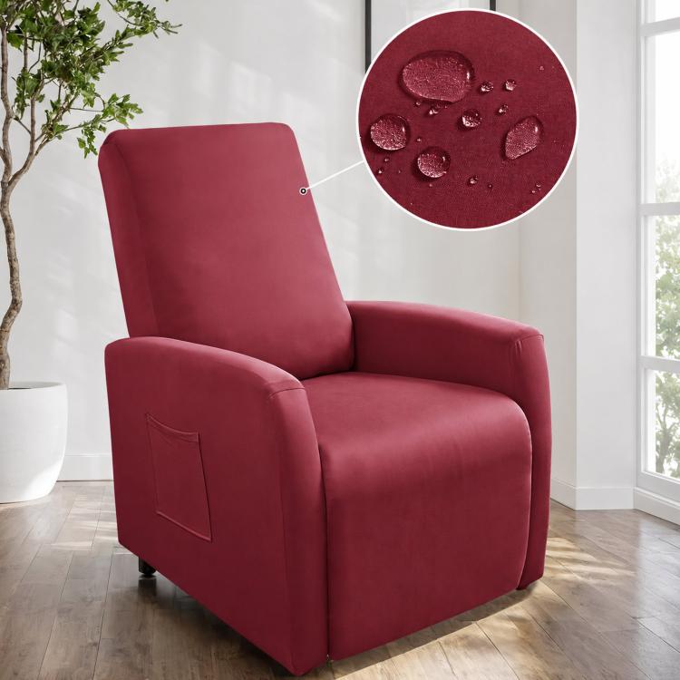 Water-resistant recliner chair cover, wine red fabric with stitched pocket on arm