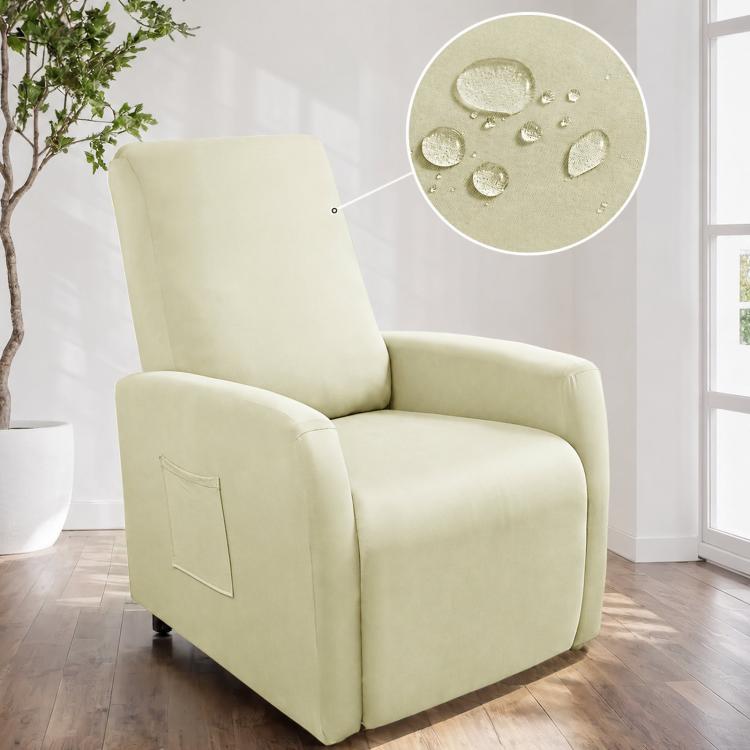 Water-resistant recliner chair cover, light cream fabric with stitched pocket on arm