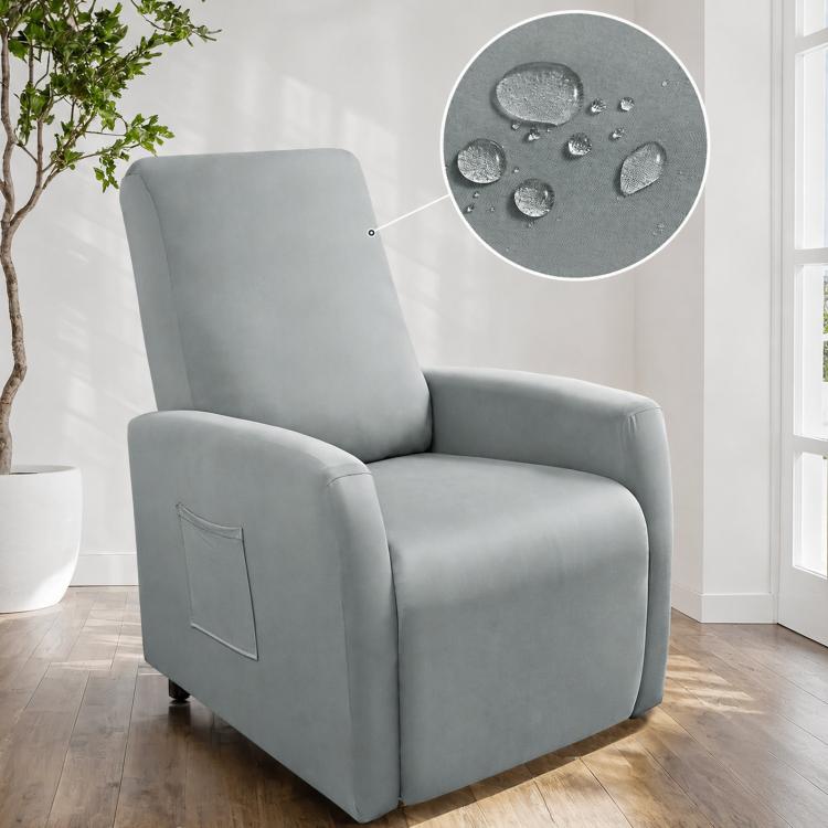 Water-resistant recliner chair cover, light gray fabric with stitched pocket on arm