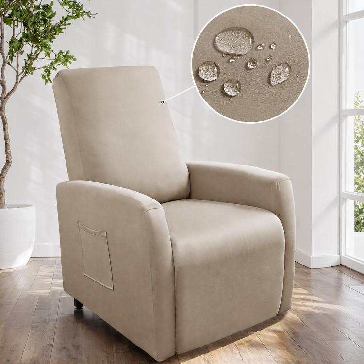 Water-resistant recliner chair cover, light mocha fabric with stitched pocket on arm