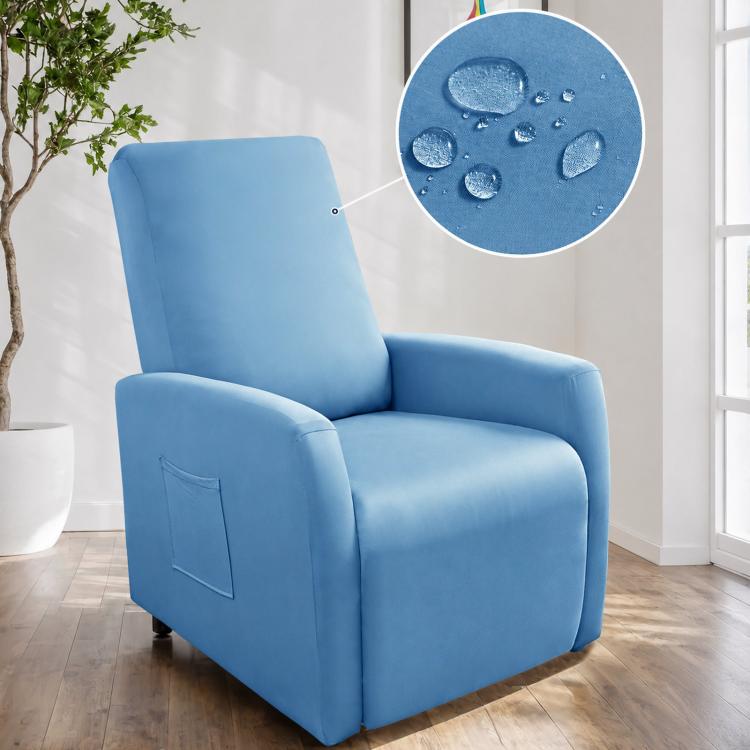 Water-resistant recliner chair cover, blue fabric with stitched pocket on arm