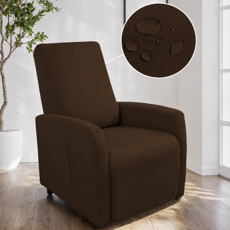 Water-resistant recliner chair cover, dark brown fabric with stitched pocket on arm