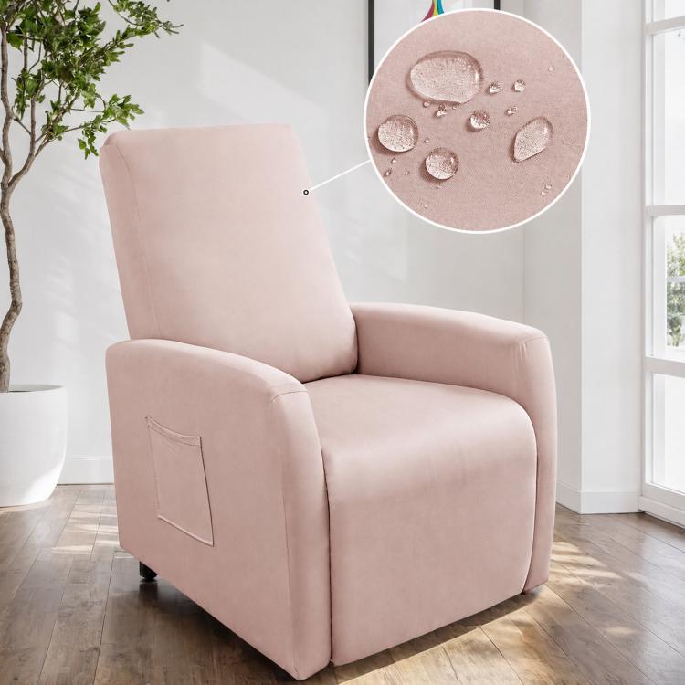Water-resistant recliner chair cover, blush pink fabric with stitched pocket on arm