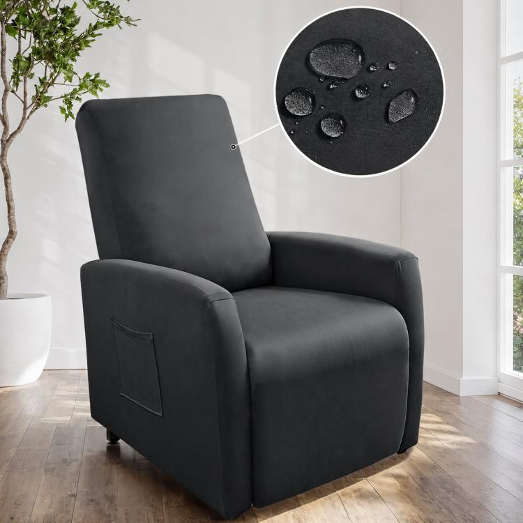 Water-resistant recliner chair cover, dark black fabric with stitched pocket on arm