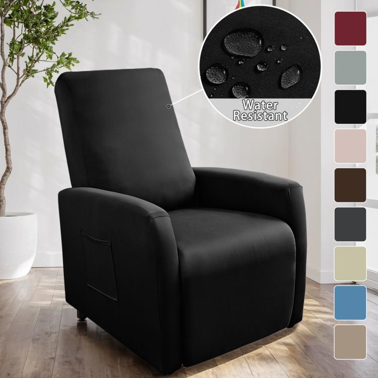 Water-resistant recliner chair cover, black fabric with water drop detail and pocket