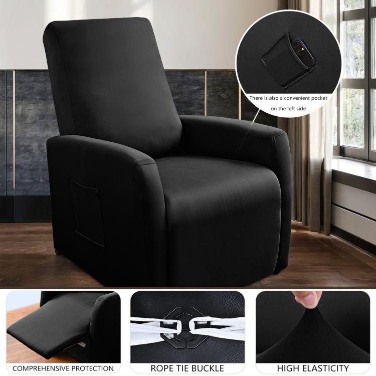 Black recliner sofa cover with side pocket on the left armrest