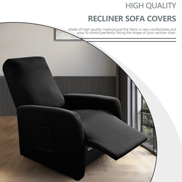 Black recliner chair cover with extended leg support and front pocket