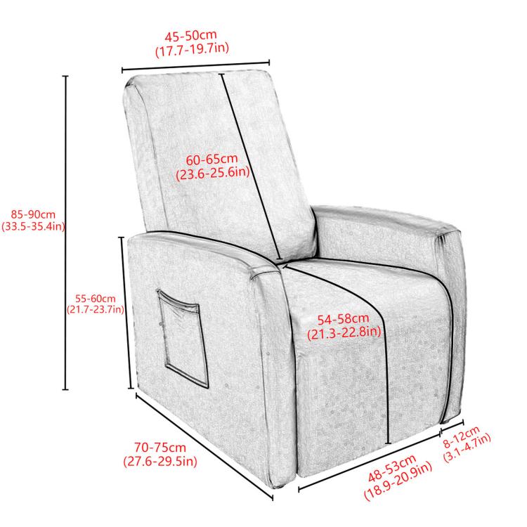Light gray recliner chair cover with front pocket, size guide view