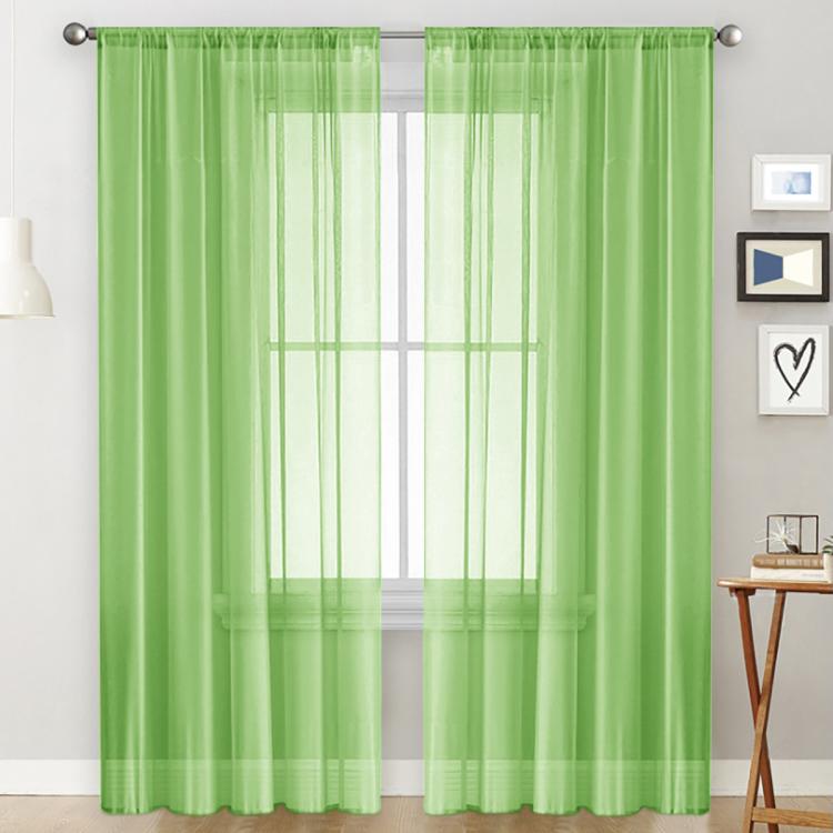 Light-filtering sheer voile curtain with rod pocket, green grid panel