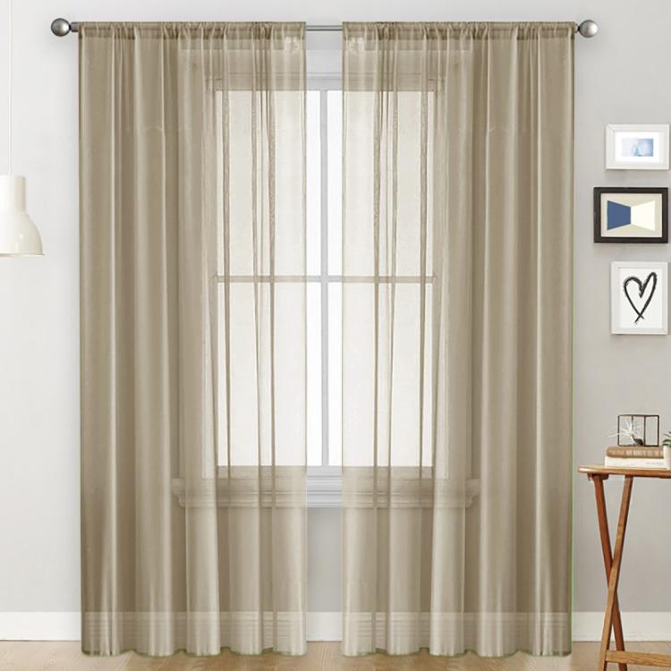 Light-filtering sheer voile curtain with rod pocket, light mocha grid panel
