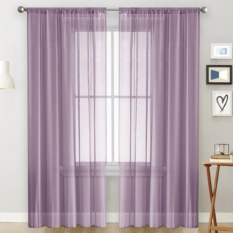 Light-filtering sheer voile curtain with rod pocket, purple grid panel