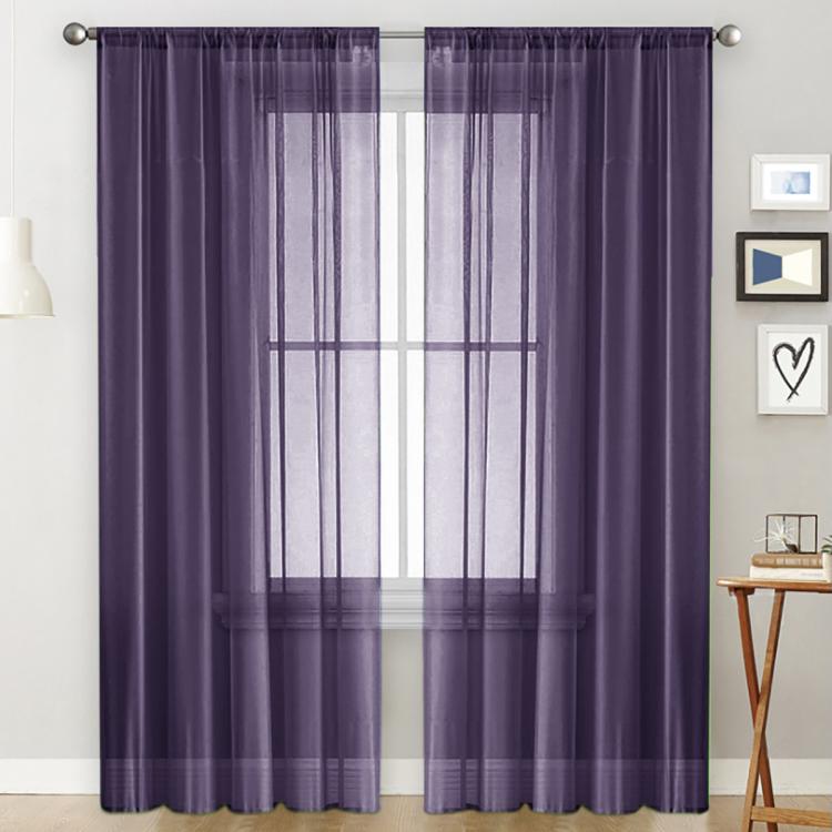 Dark purple sheer rod-pocket window curtain panel with light-filtering voile and grommet header
