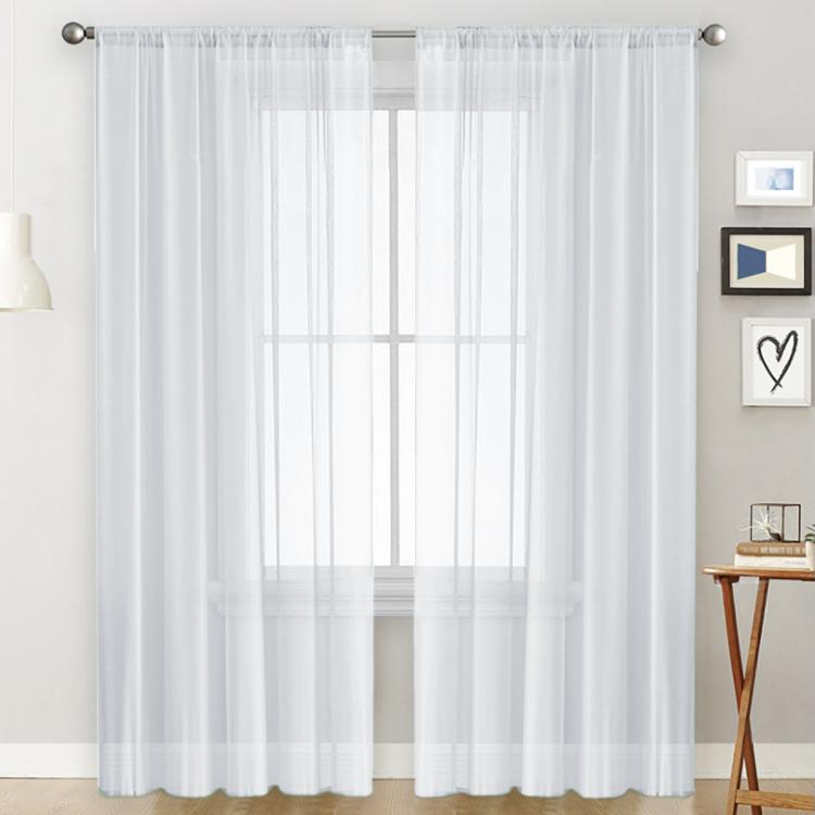 White sheer voile curtain panel with rod pocket top for light filtering