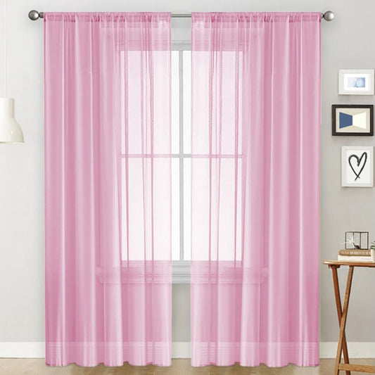 Pink sheer voile curtain panel with rod pocket top for light filtering