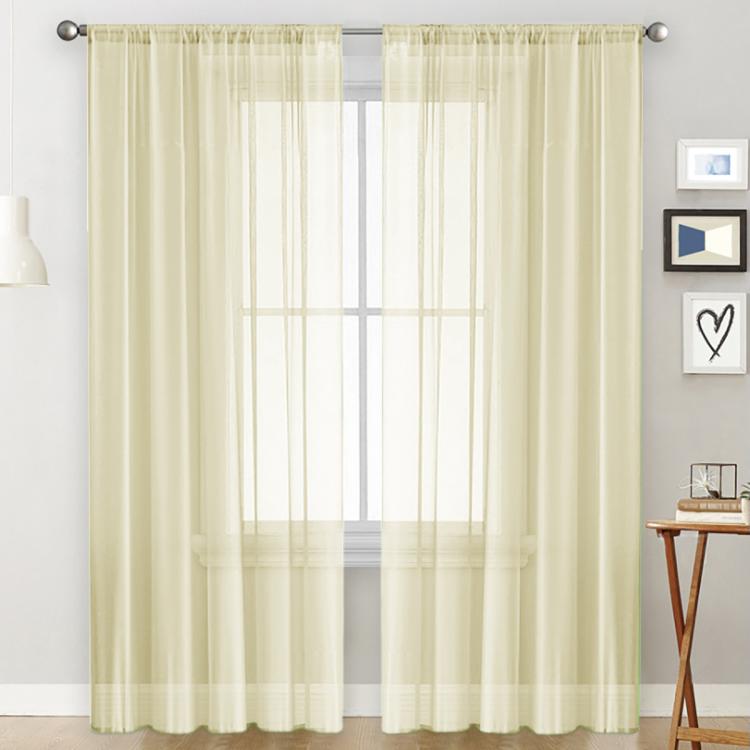 Beige sheer voile curtain panel with rod pocket, light-filtering window-grid pattern