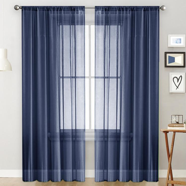 Single sheer light-filtering rod pocket curtain, navy blue with vertical grid weave