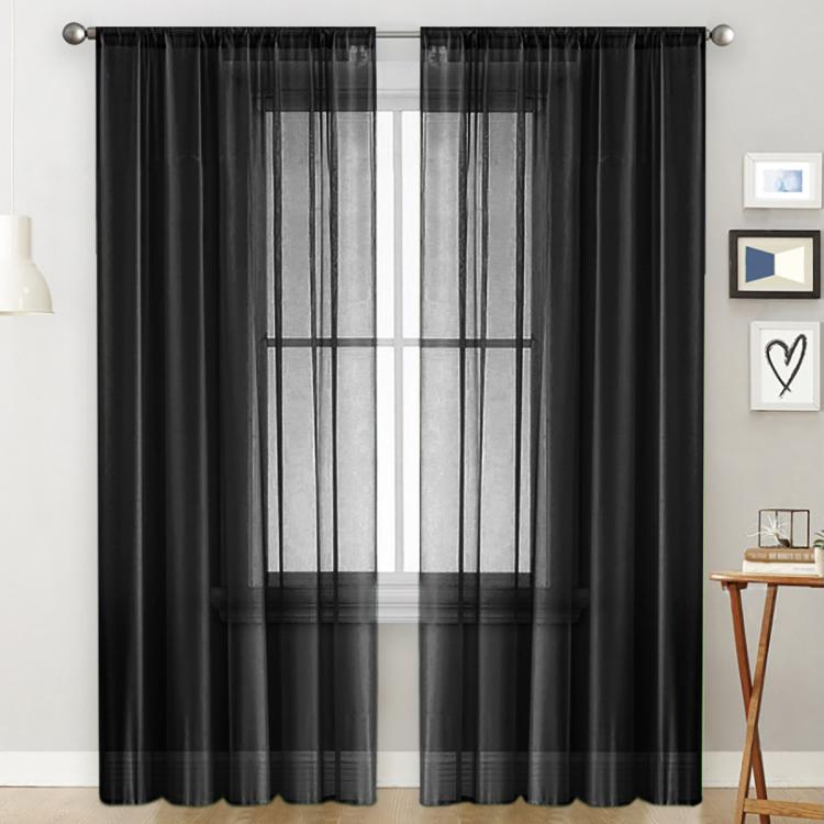 Single sheer light-filtering rod pocket curtain, black with vertical grid weave
