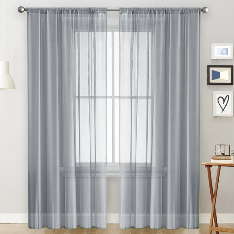 Single sheer rod-pocket voile window curtain, light gray, with lightly striped panel look.