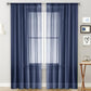 Single sheer rod-pocket voile window curtain, navy blue, with lightly striped panel look.
