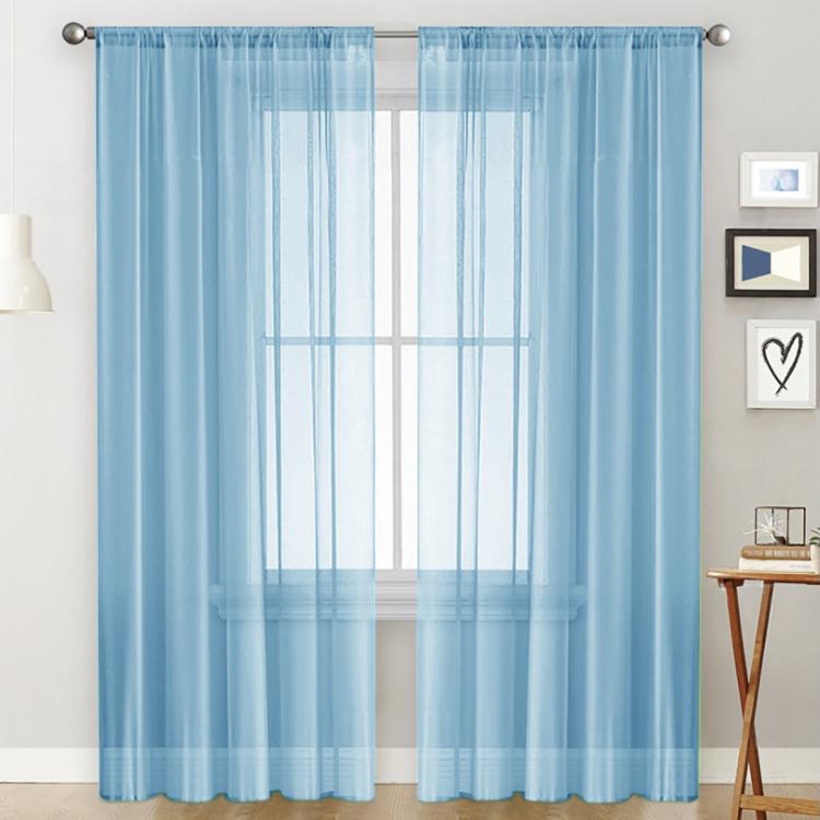 Single sheer light-filtering window curtain in sky blue with rod pocket header and grid panels