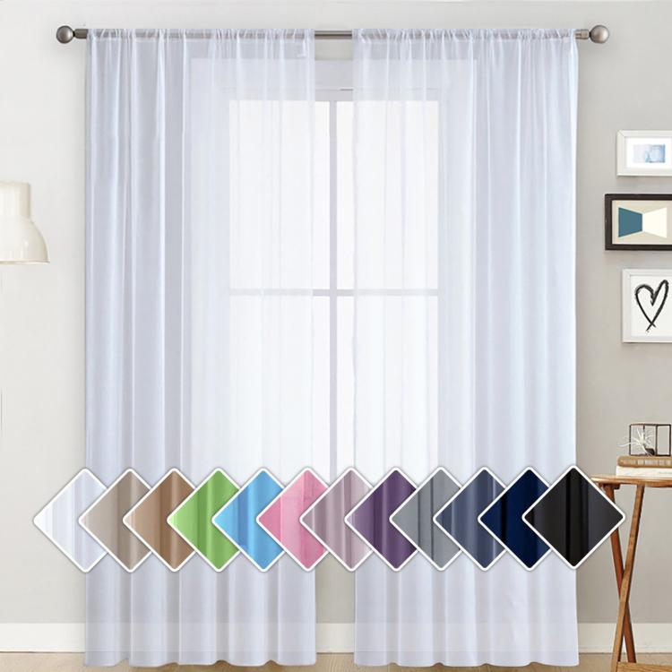 White sheer rod pocket voile window curtains with multiple color swatches shown at bottom.