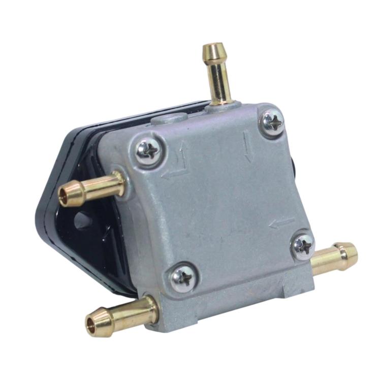 Outboard fuel pump with silver casing, black mounting plate, and brass fuel ports
