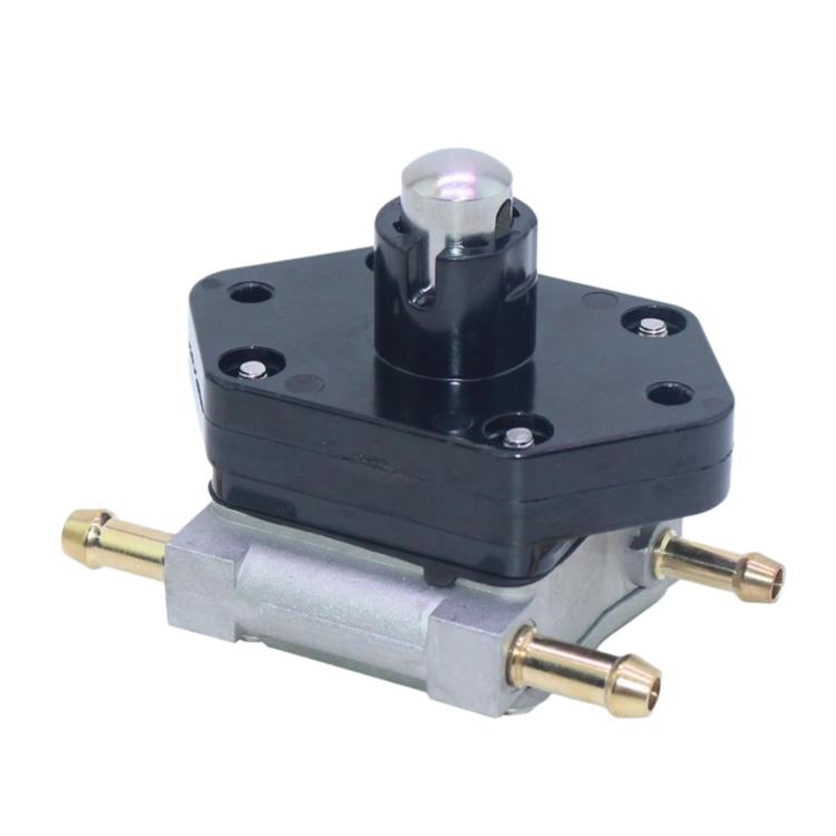 Outboard fuel pump with black top and base plate, brass ports, and mounting holes