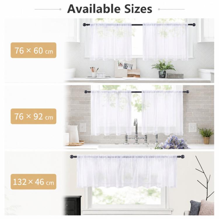 2-Piece Set Sheer Cafe Tier Curtains Rod Pocket Small Window Voile Curtains For Kitchen Bathroom, 76x60cm, 76x92cm, 132x46cm