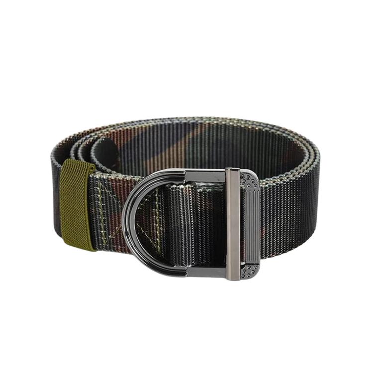 Camouflage nylon web belt with zinc alloy D-ring buckle, dark green and black tones.