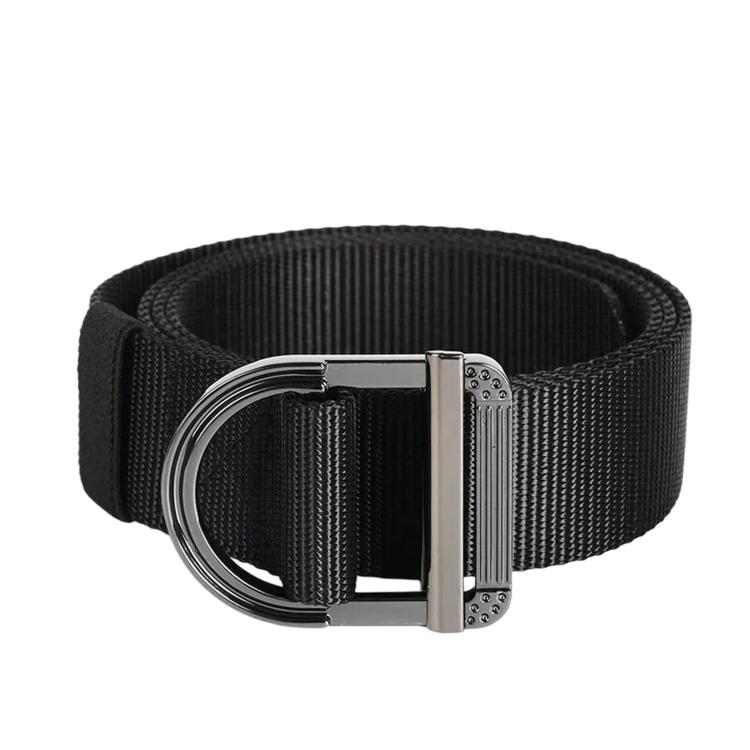 Men's nylon work belt with zinc alloy D-ring buckle, black woven webbing