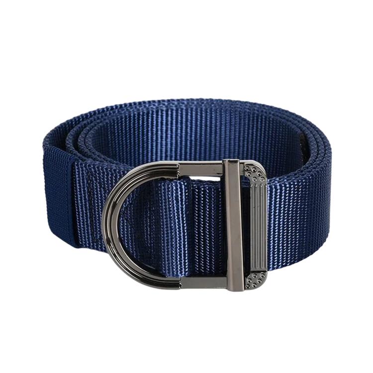 Nylon work belt with zinc alloy D-ring buckle, dark navy blue webbing.