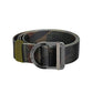 Camouflage nylon belt with silver-tone D-ring buckle, dark green/black patterned webbing.