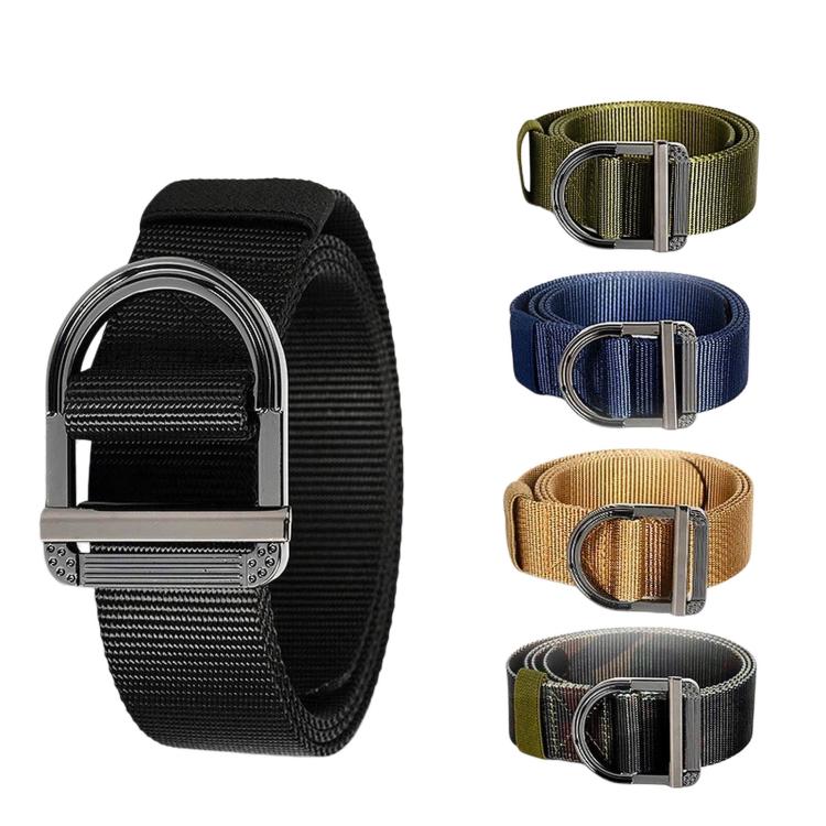 Assorted nylon belts with zinc alloy D-ring buckles in black, blue, tan, and camo.