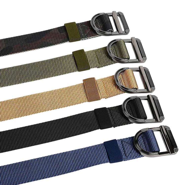 Men's nylon work belts in assorted colors with zinc alloy D-ring buckles, close-up