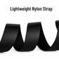 Men's black nylon web belt strap close-up, textured fabric