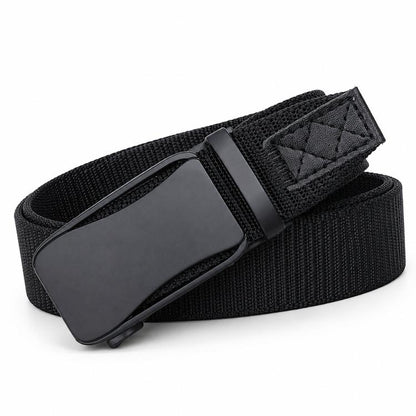Elastic nylon work belt with automatic alloy buckle, black, with stitched fabric end tab