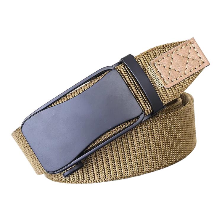 Elastic nylon work belt with automatic alloy buckle, khaki/tan strap and stitched end tab