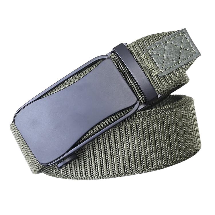Elastic nylon work belt with automatic alloy buckle, olive-green webbing and metal buckle plate
