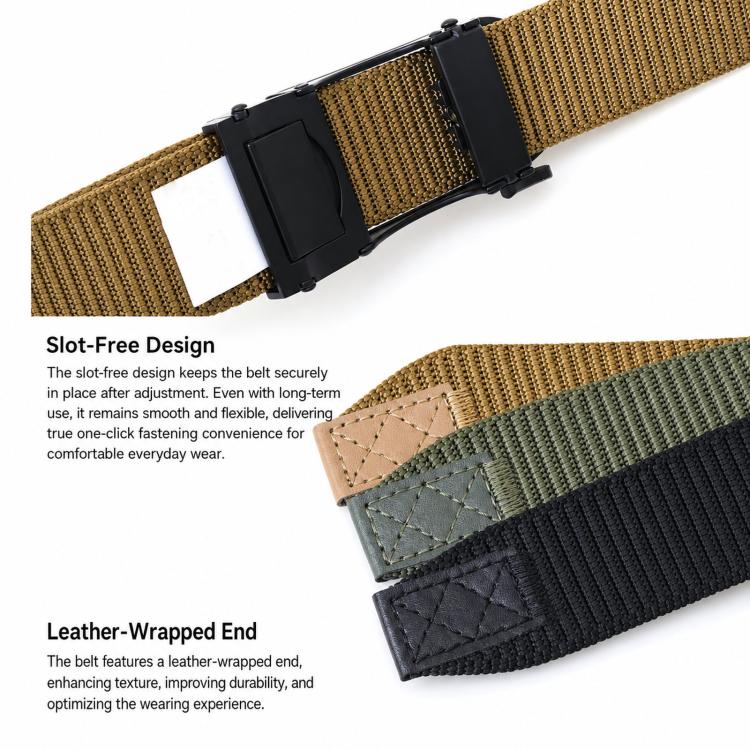 Men's automatic buckle belt with leather-wrapped end, tan and black strap