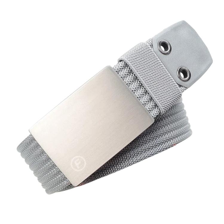 Men's nylon belt with smooth zinc buckle, light gray webbing and silver eyelets.