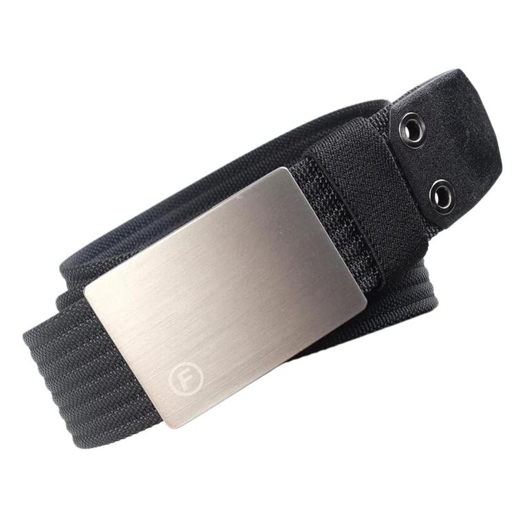 Men's nylon belt with smooth zinc buckle, black webbing and silver eyelet hardware.