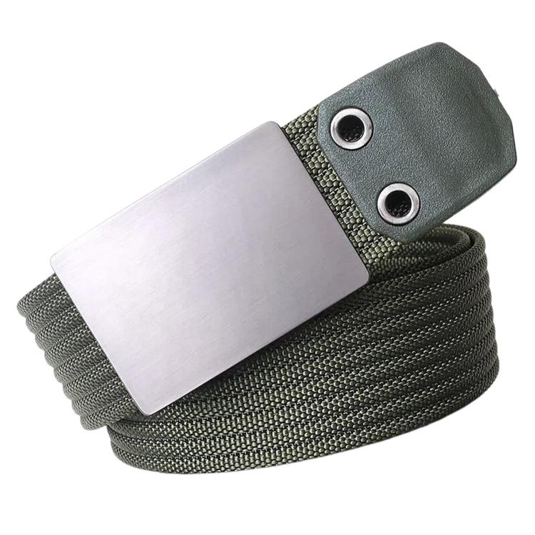Men's nylon belt with smooth zinc buckle, olive green textured webbing and silver eyelets.