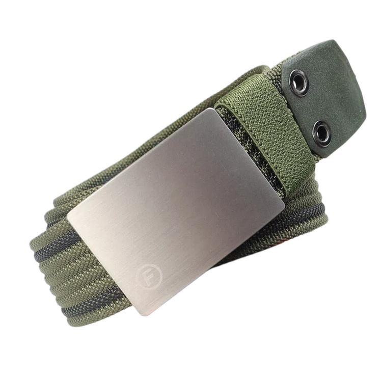 Men's nylon belt with smooth zinc buckle, dark green webbing and olive accent edging.