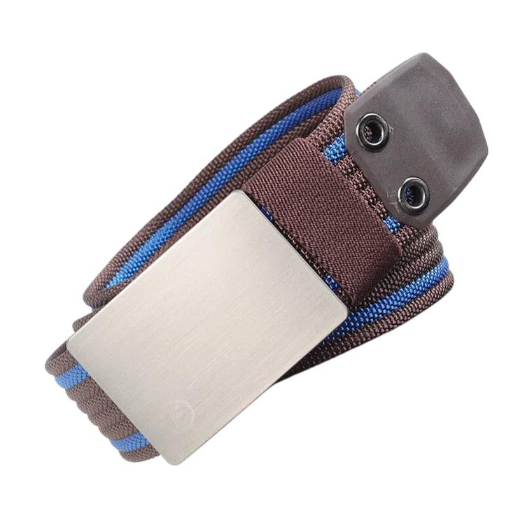 Men's nylon canvas work belt with brown strap, blue trim, and smooth zinc alloy buckle