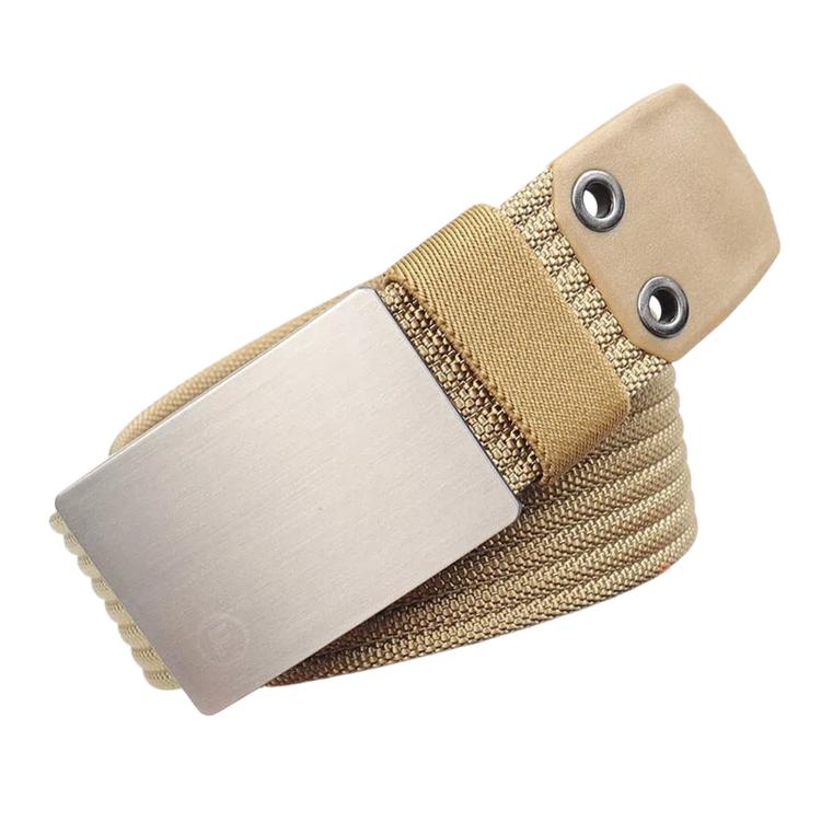 Men's nylon canvas work belt with khaki-brown strap and smooth zinc alloy buckle