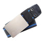 Men's nylon belt with smooth zinc buckle, dark strap with blue stripe trim and eyelets.