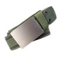Men's nylon belt with smooth zinc buckle, dark green strap with silver buckle plate.