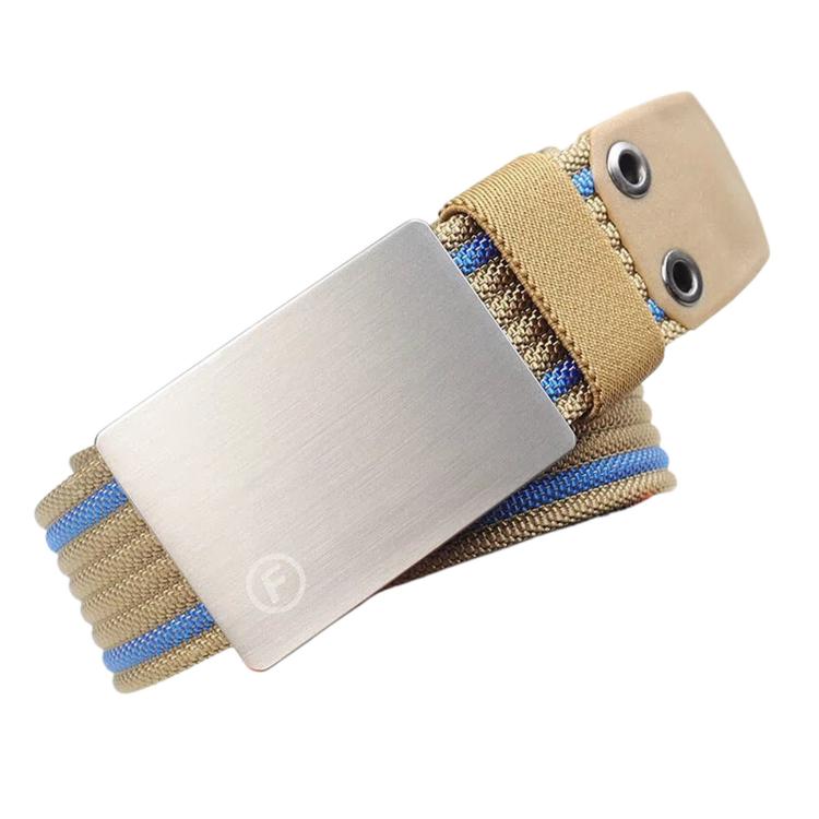 Nylon belt with tan woven strap, blue stripe, silver rectangular buckle with two holes